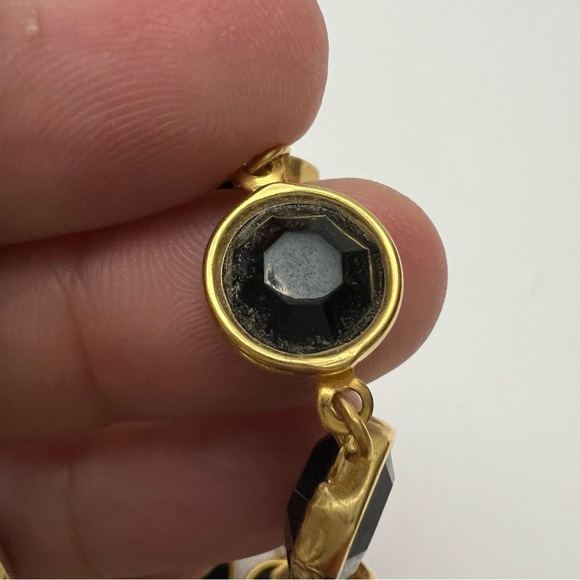 Vintage Black Bezel Set Round Rectangular Crystal Goldtone Necklace 36” - Picture 4 of 7